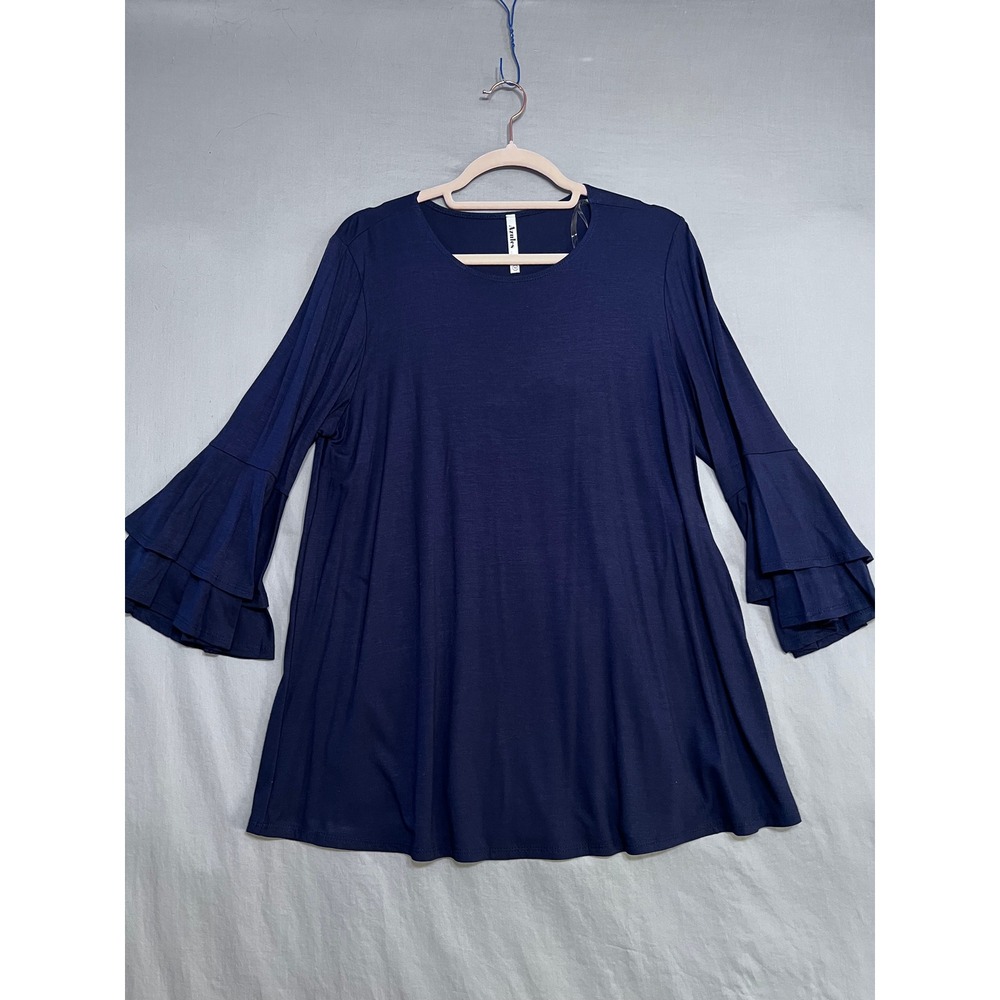 Aratta Navy Blue Tunic Top Ruffle Tiered Bell Sleeve Jersey Knit Blouse Womens